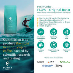 Purity Coffee FLOW Organic Certifications labels indicate eco-friendly sourcing and standards.