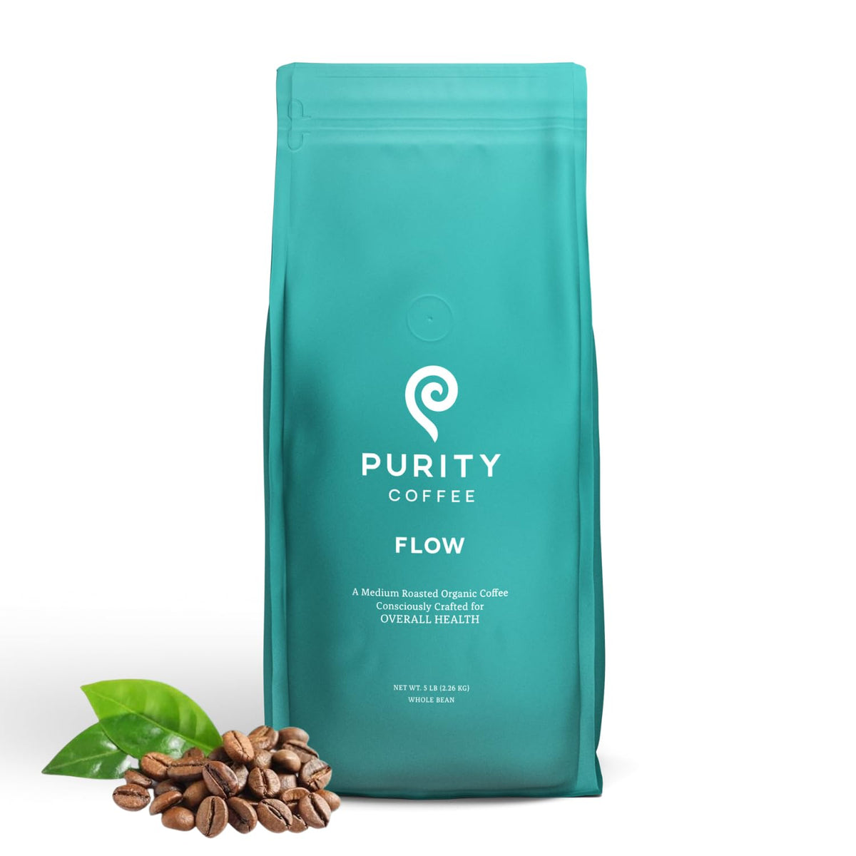 Purity Coffee FLOW Original Medium Roast Bag shows fresh, antioxidant-rich beans for daily mornings.