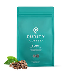 Purity Coffee Flow Original Medium Roast bag shows nitrogen flushed packaging for freshness.