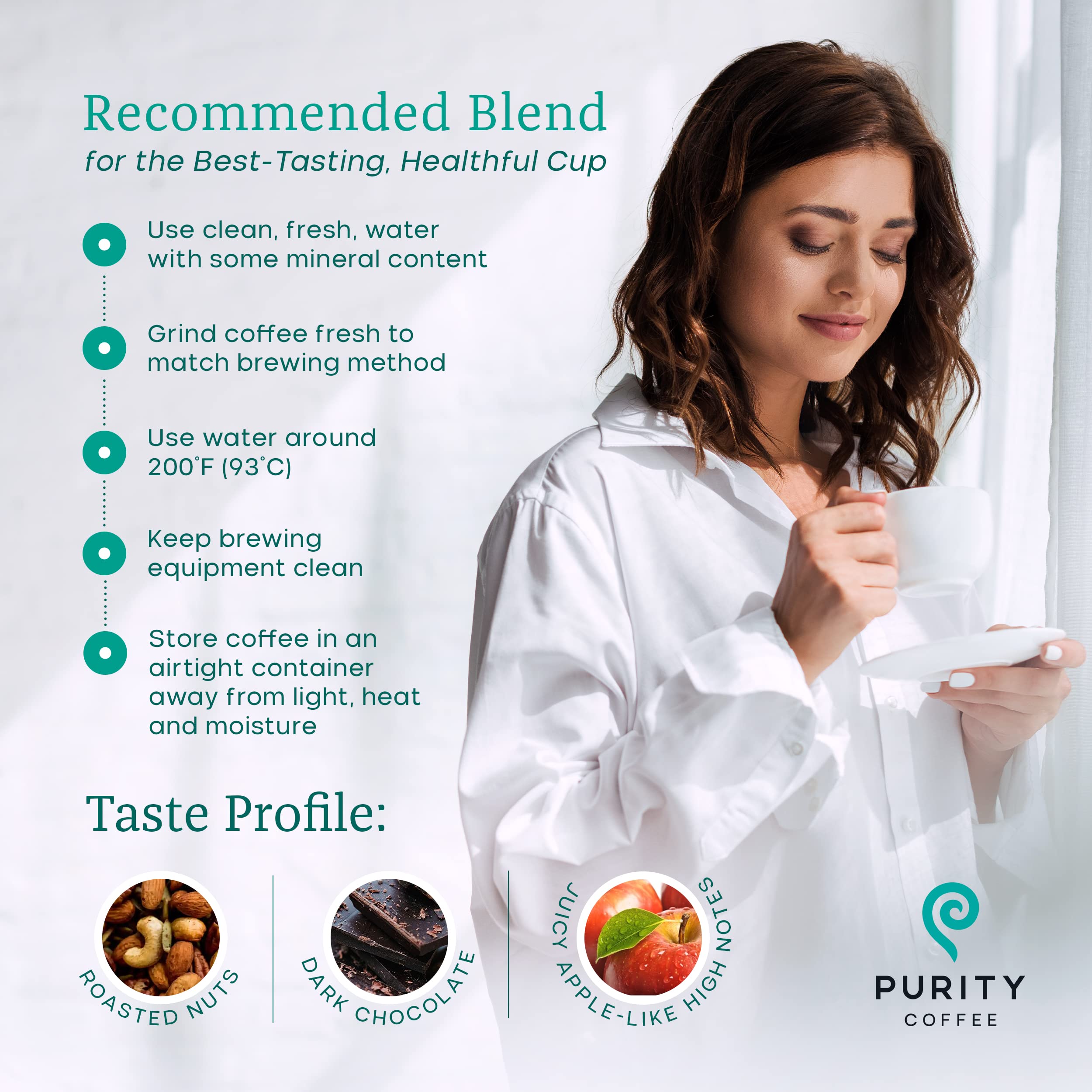 Purity Coffee Flow Original Medium Roast certifications badge indicates Rainforest Alliance Bird Friendly status.