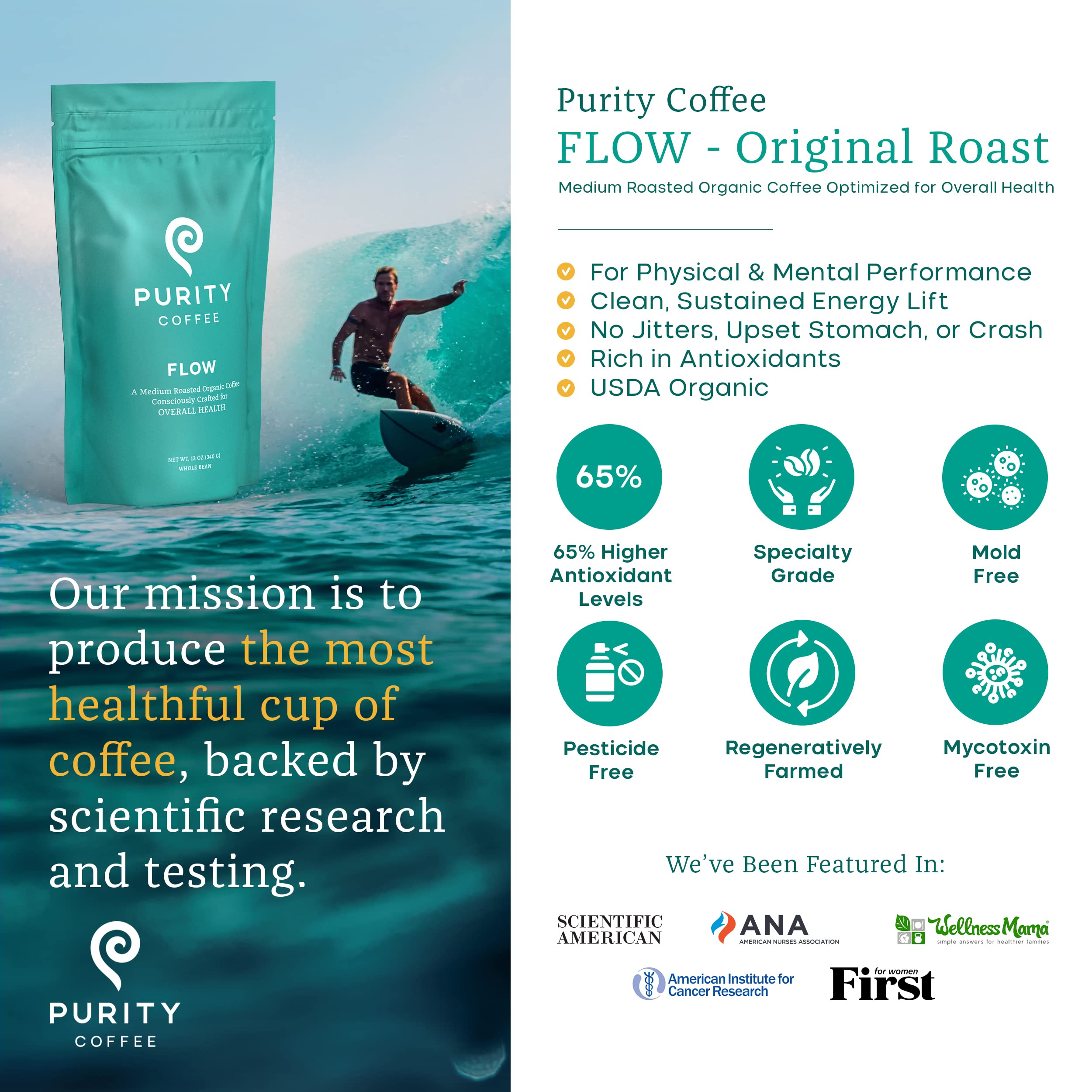 Purity Coffee Flow Original Medium Roast ground coffee shows versatile grind for espresso and drip.