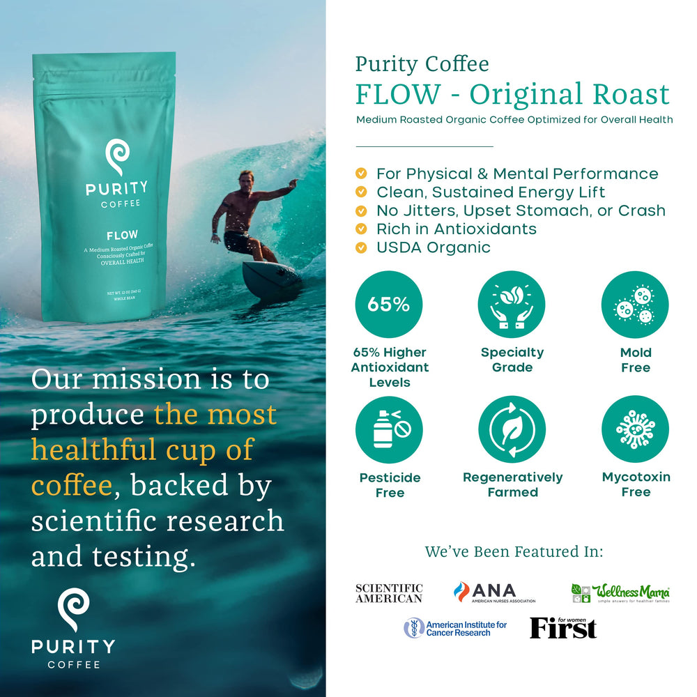 Purity Coffee Flow Original Medium Roast ground coffee shows versatile grind for espresso and drip.