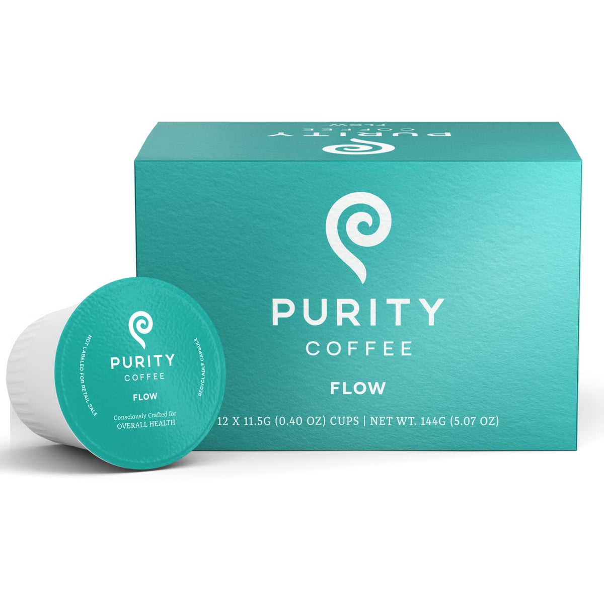 Purity Coffee FLOW original capsules in box, premium organic Arabica for a balanced morning ritual.