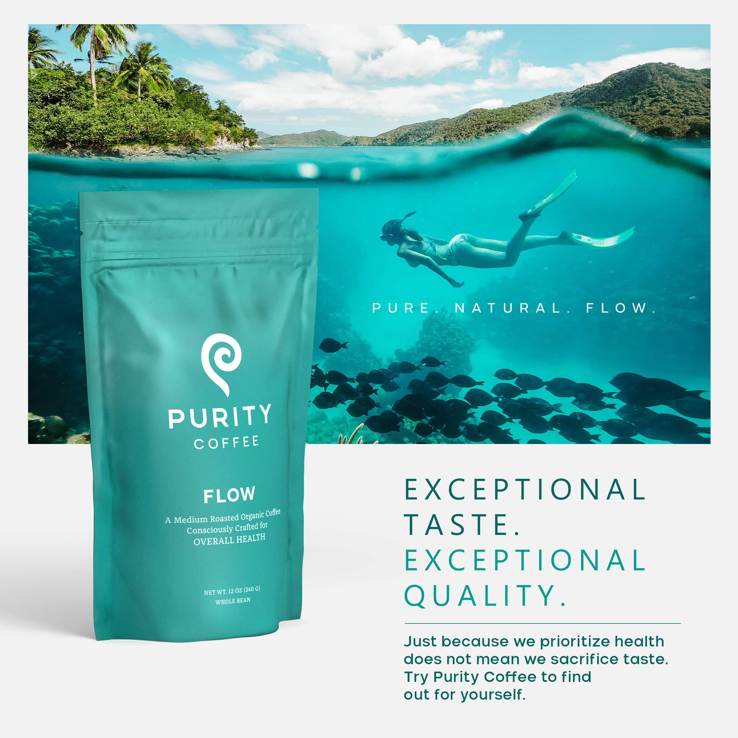 Purity Coffee Flow Original Medium Roast nitrogen purge bag supports freshness and flavor retention.