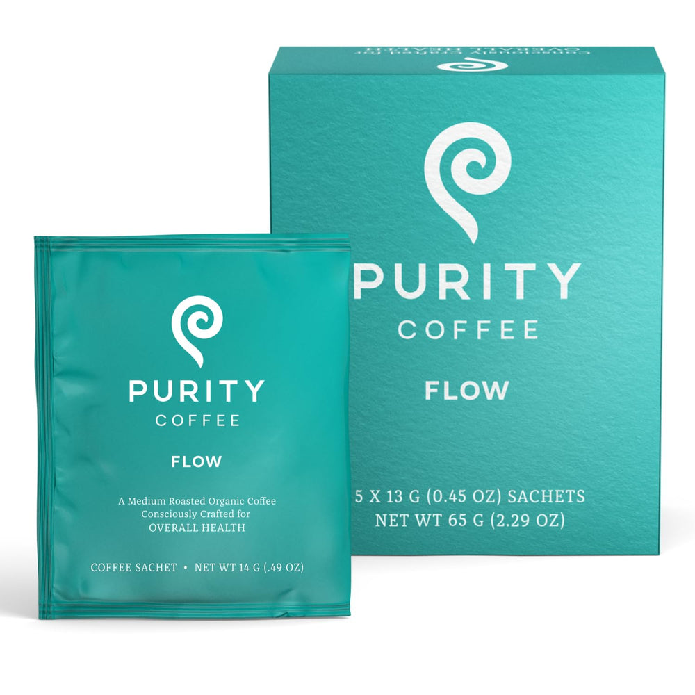 Purity Coffee FLOW original medium roast sachet box with a fresh, inviting aroma.