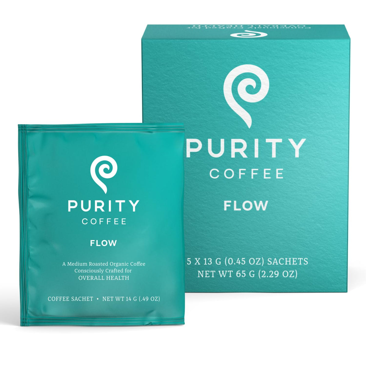 Purity Coffee FLOW original medium roast sachet box with a fresh, inviting aroma.