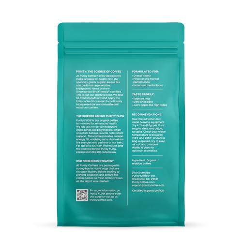 Purity Coffee FLOW packaging sleek nitrogen-flush preserves freshness and flavor.