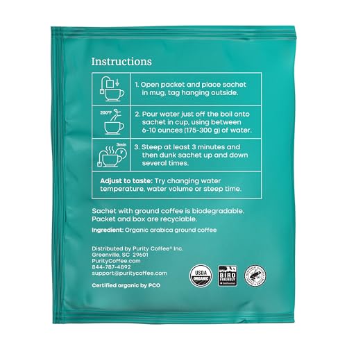 Purity Coffee FLOW sachet being opened for a single-serve brew.