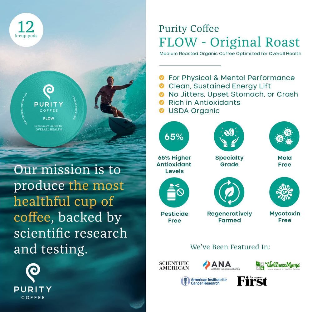 Purity Coffee FLOW third-party tested label confirms safety screening and quality.