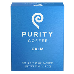 Purity Coffee Mountain Water Process label highlights natural decaffeination and preserved flavor.