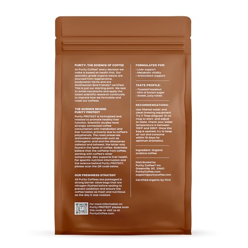 Purity Coffee PROTECT bag back label detailing third-party testing and certifications.