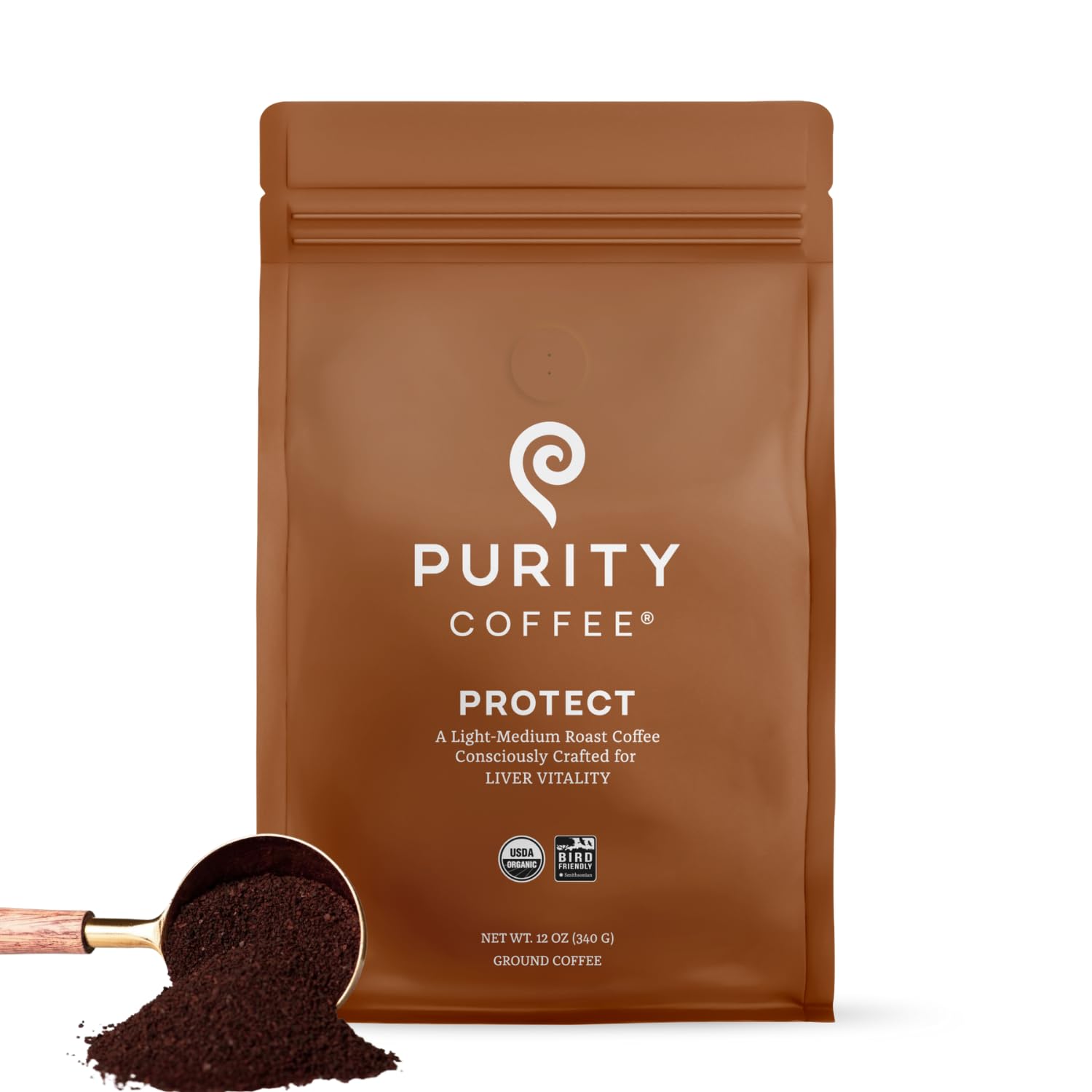 Purity Coffee PROTECT bag front with organic certification and antioxidant-focused roast.