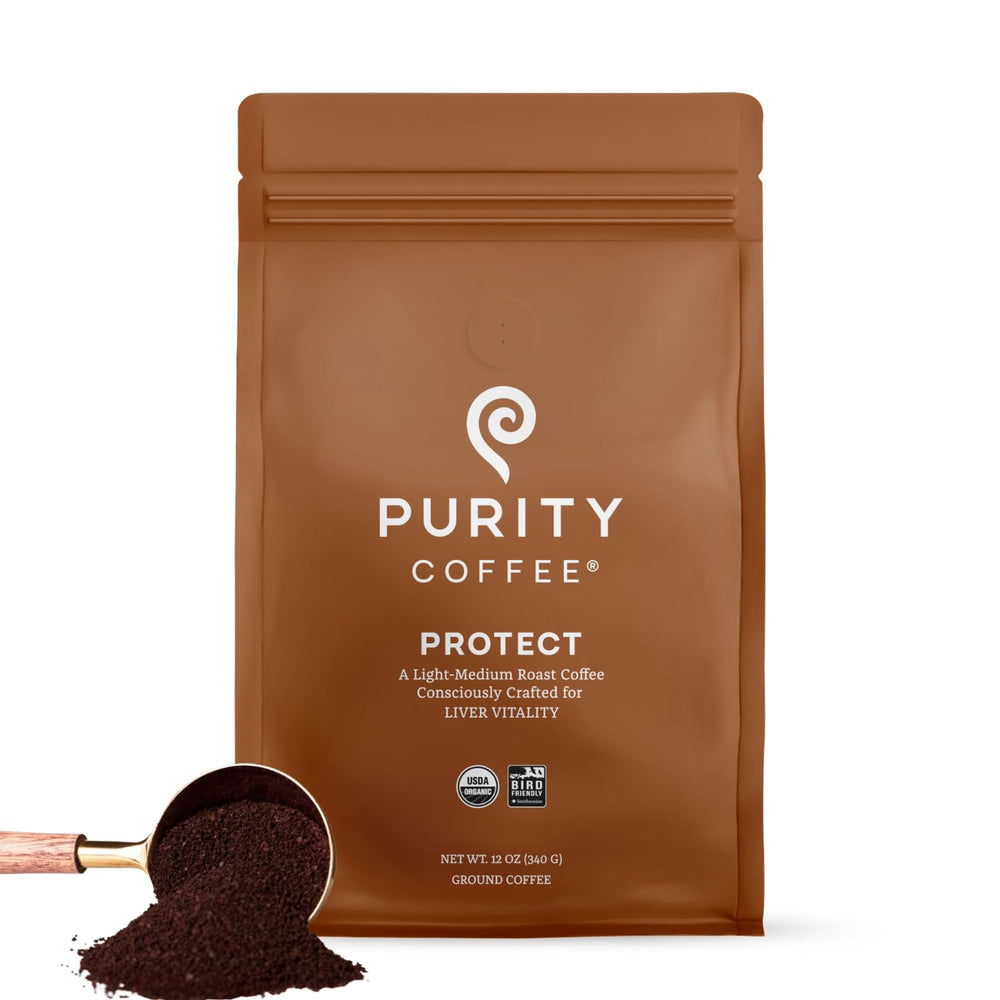 Purity Coffee PROTECT bag front with organic certification and antioxidant-focused roast.