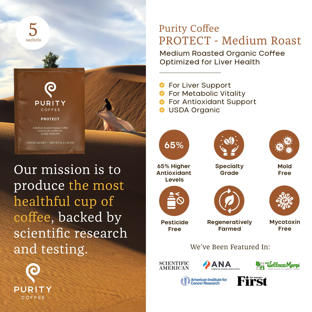 Purity Coffee PROTECT honey-processed arabica beans preserve antioxidants and smooth taste.