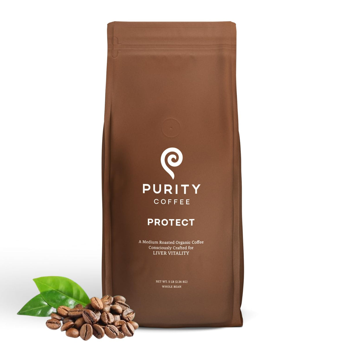 Purity Coffee PROTECT light-medium roast bag with antioxidant-rich whole beans for home brewing.