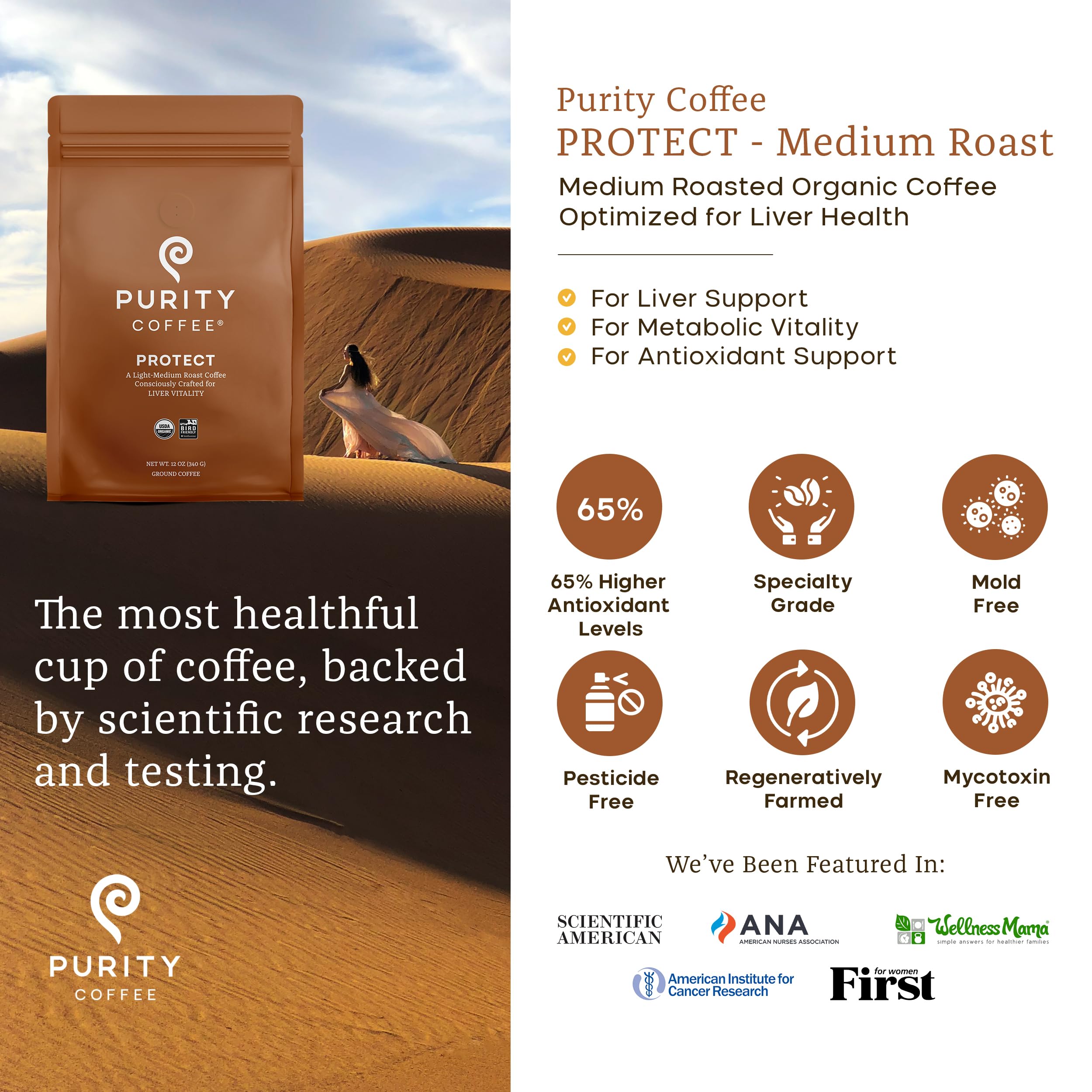 Nitrogen-flushed Purity Coffee PROTECT bag preserves freshness and aroma.