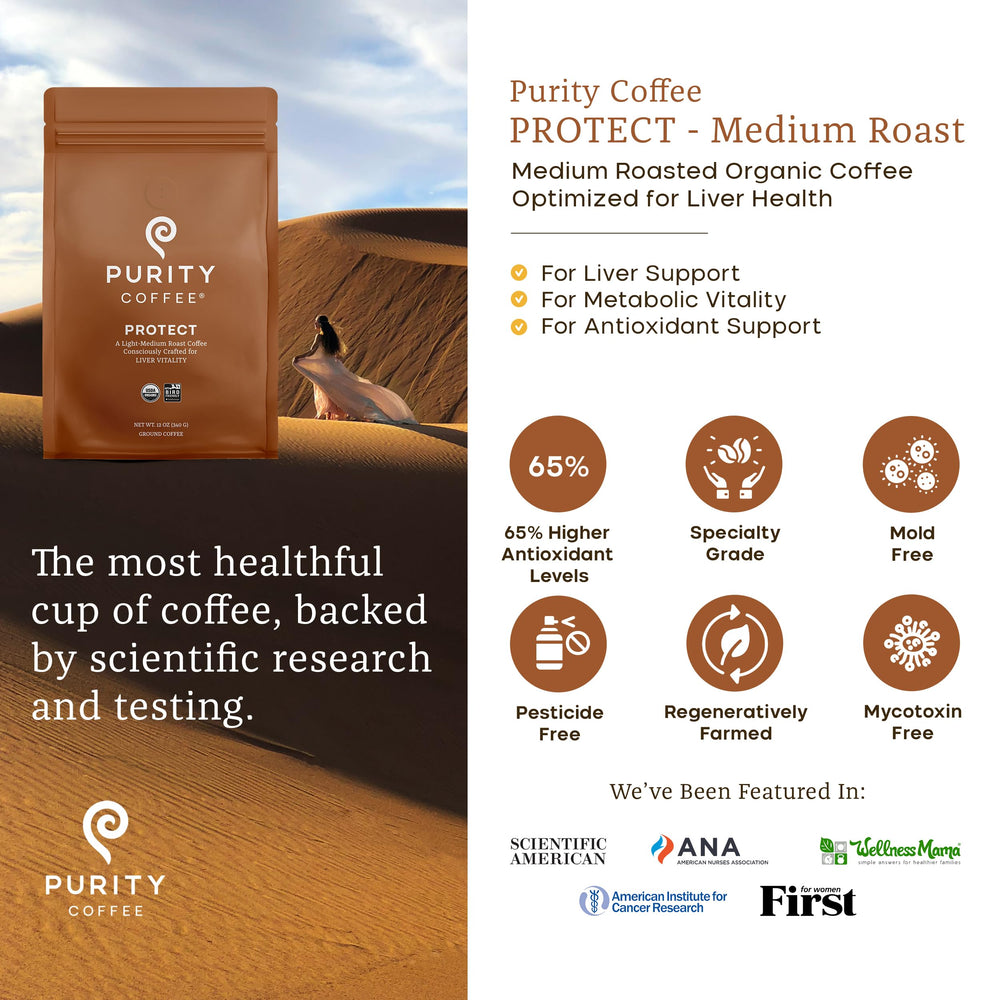 Nitrogen-flushed Purity Coffee PROTECT bag preserves freshness and aroma.