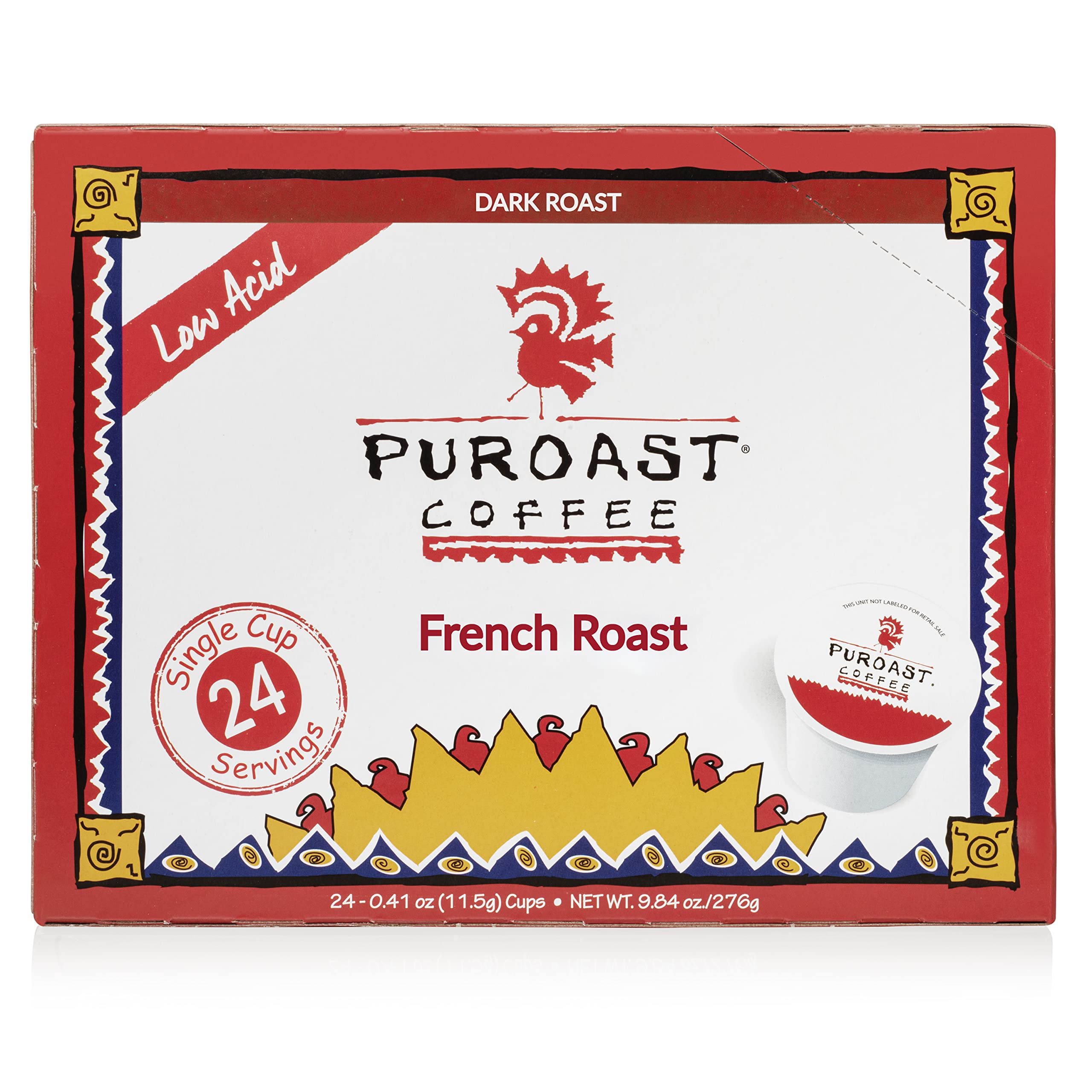 Puroast French Roast low-acid pods packshot showing smooth, approachable coffee