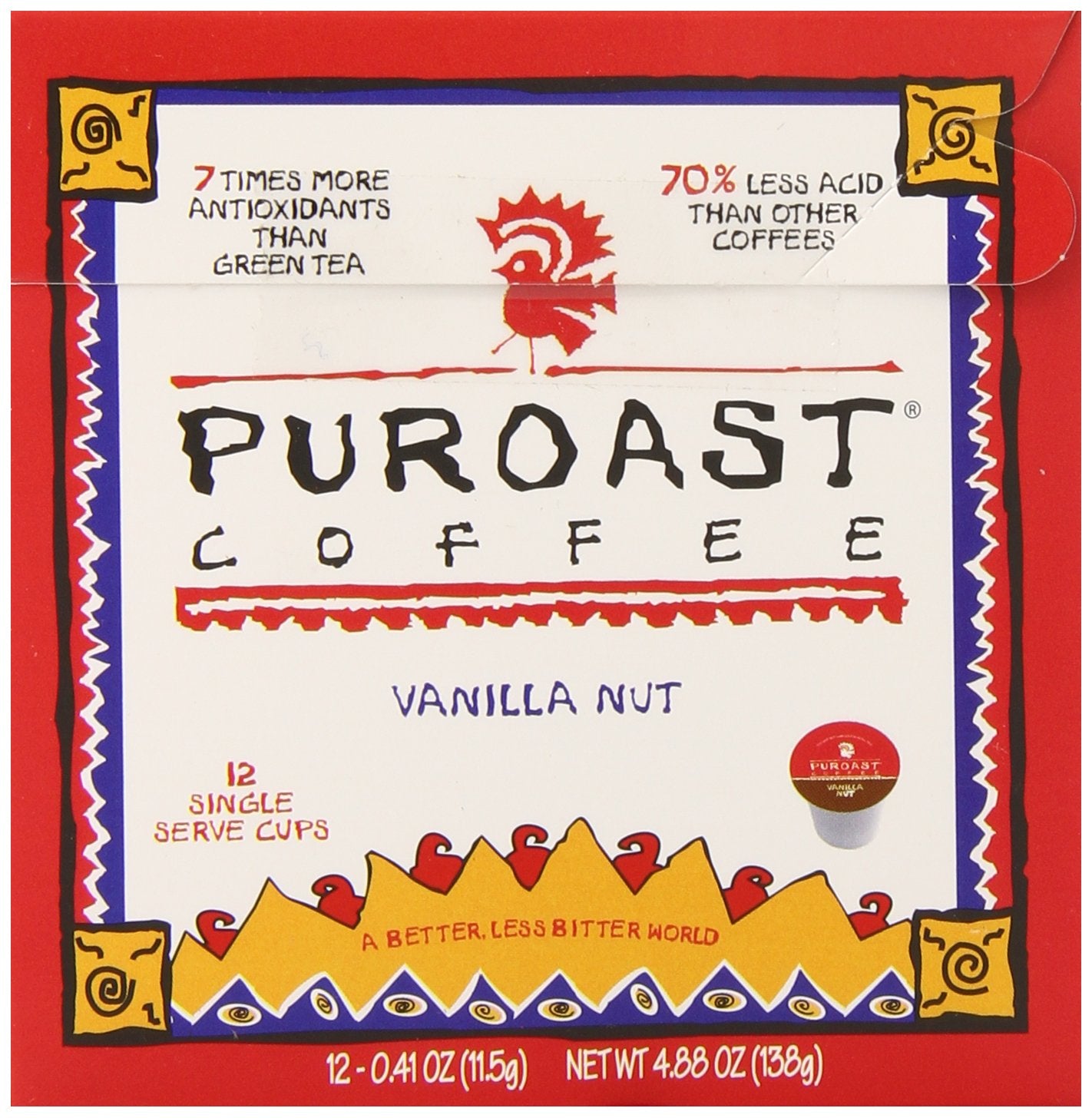 Puroast low-acid coffee bag emphasizes smooth, gut-friendly experience.