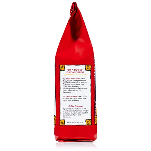 Closeup of Puroast Bourbon Pecan Torte bag label highlighting low-acid claim