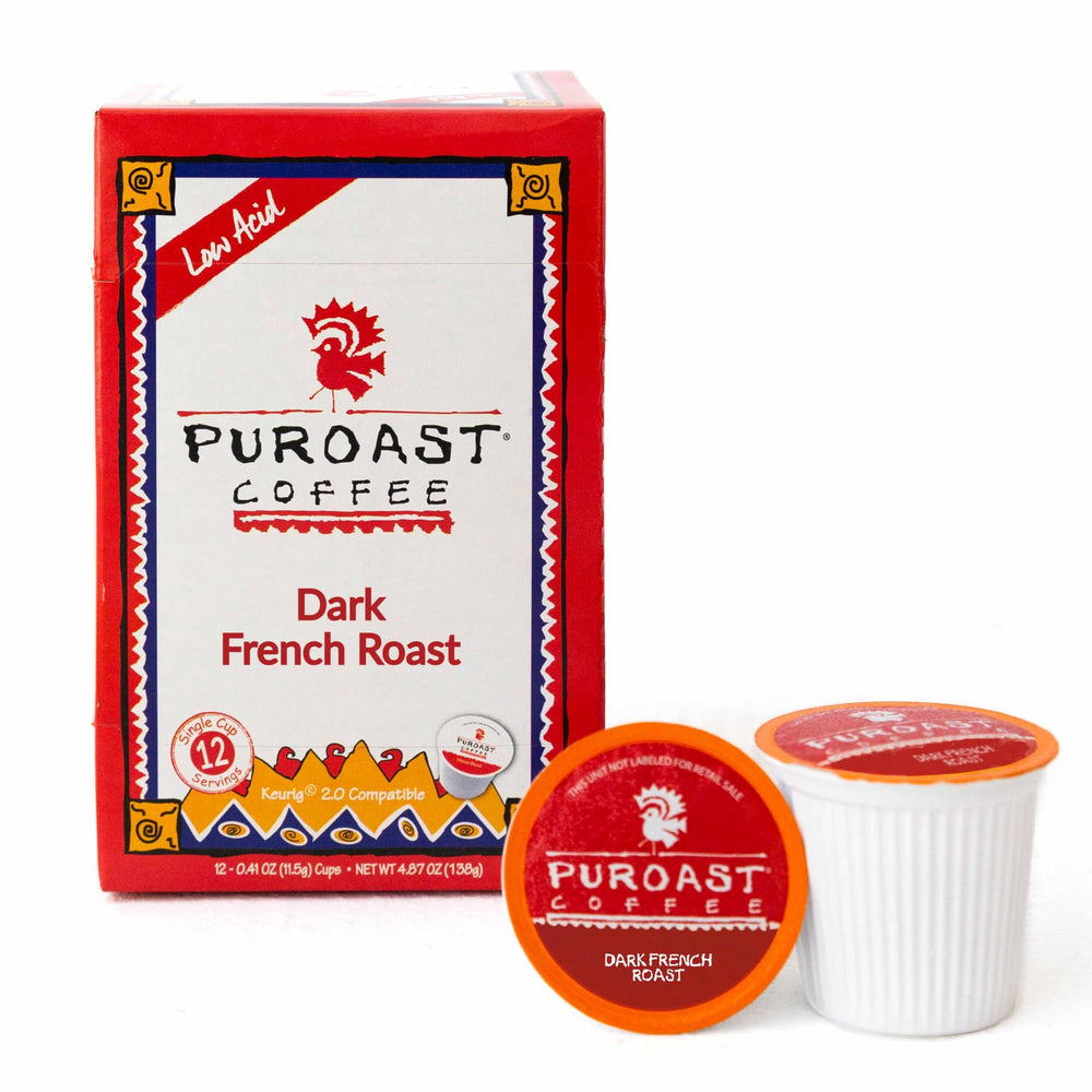 Puroast low-acid French Roast pods in packaging for a smooth cup