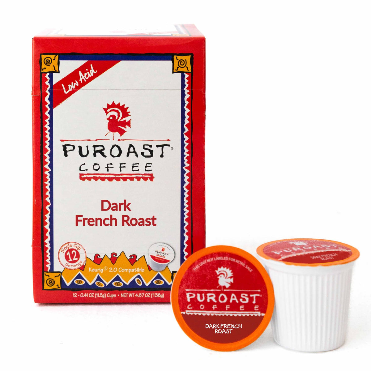 Puroast low-acid French Roast pods in packaging for a smooth cup