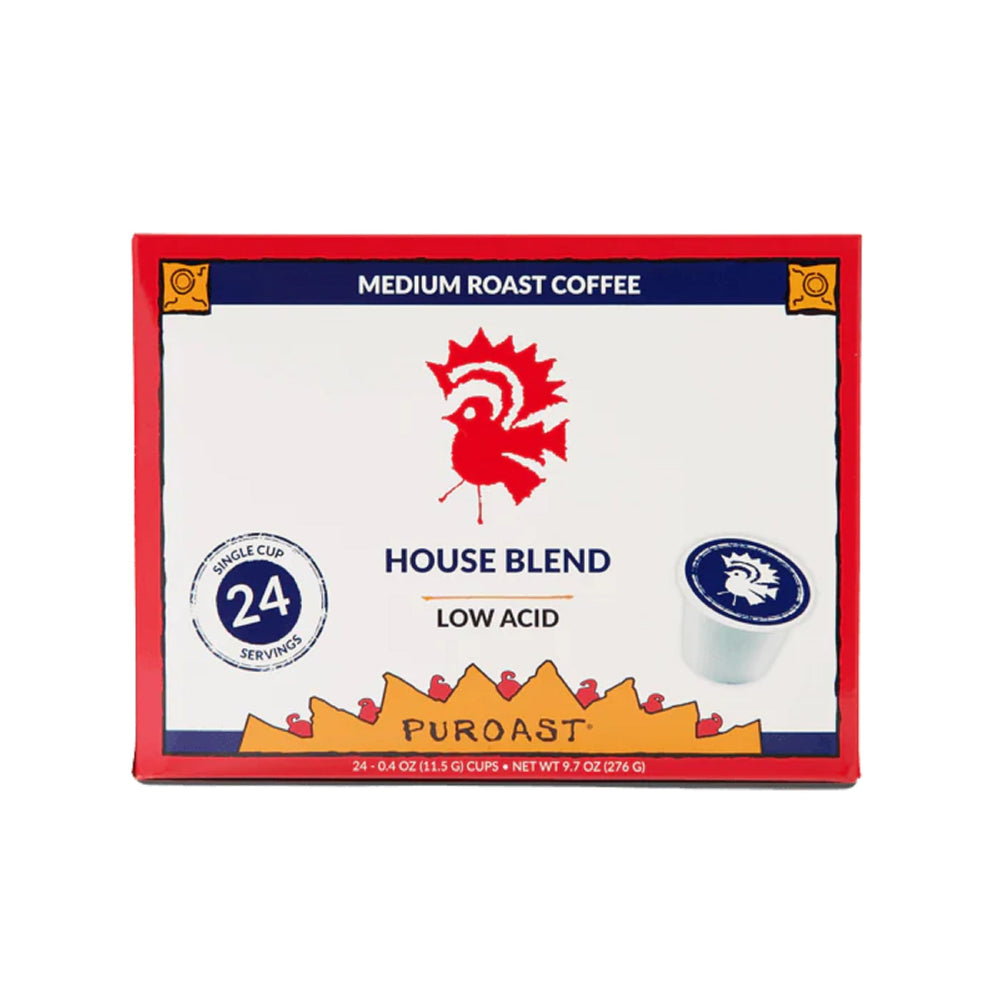 Puroast Low Acid Coffee House Blend pod pour, smooth flavor with lower acidity.