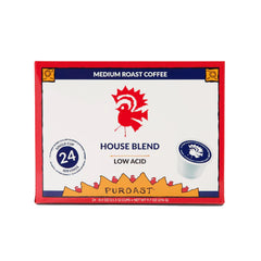 Puroast Low Acid Coffee House Blend pod pour, smooth flavor with lower acidity.