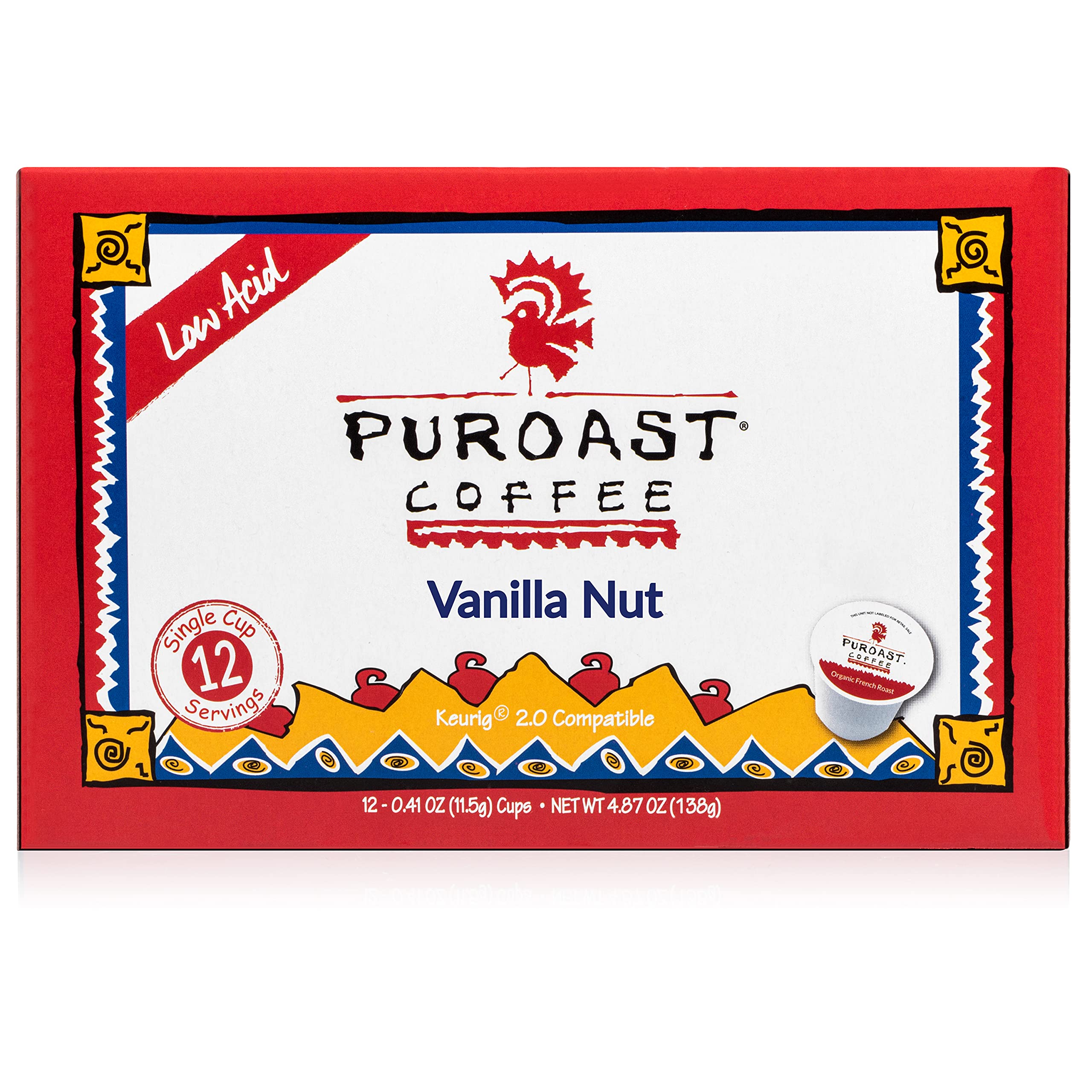 Puroast Vanilla Nut single-serve pod ready for Keurig brewing with smooth flavor.