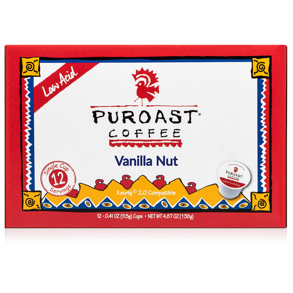 Puroast Vanilla Nut single-serve pod ready for Keurig brewing with smooth flavor.