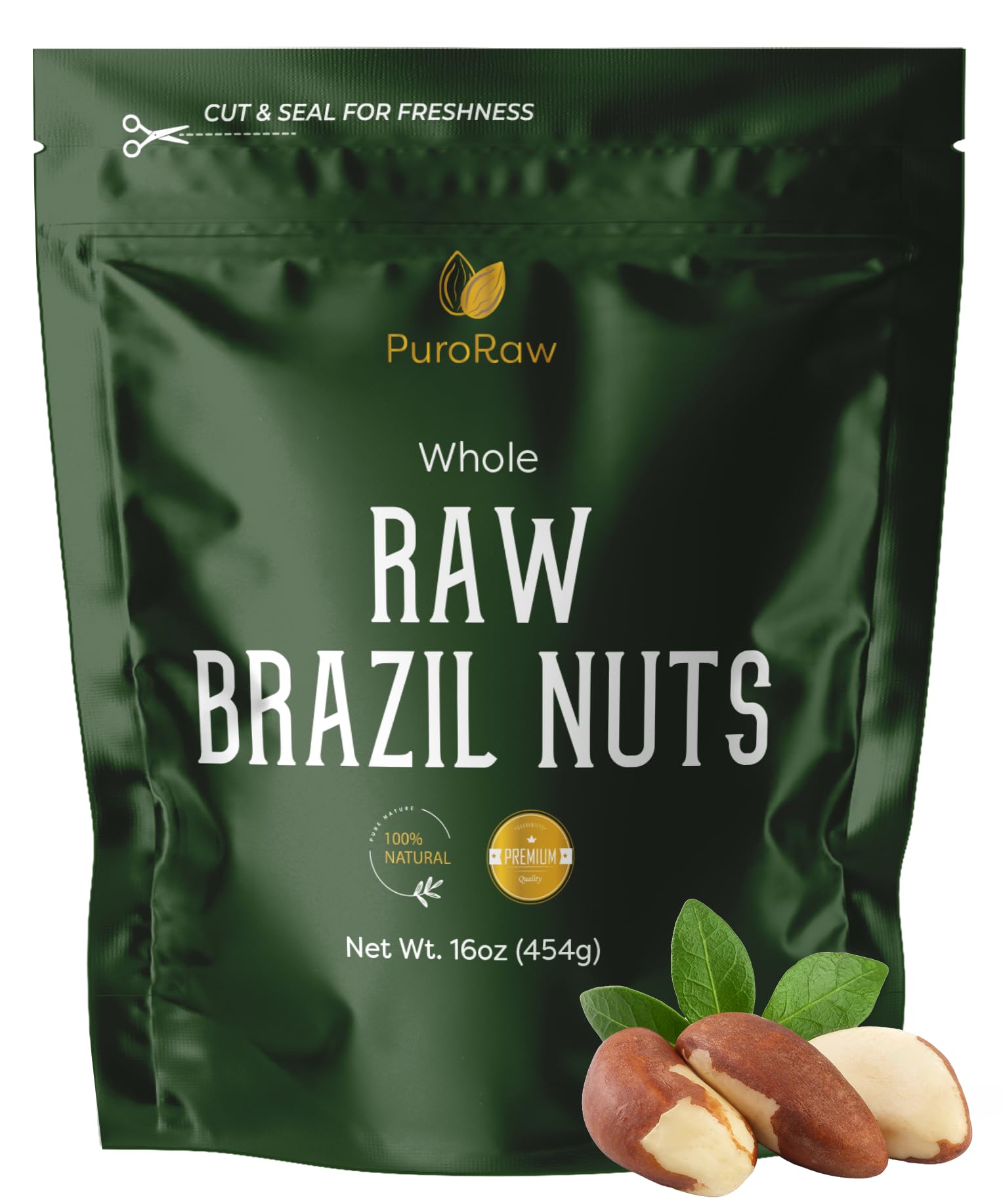 PuroRaw Brazil Nuts raw 1lb pack: clean, unsalted nuts for versatile snacking.