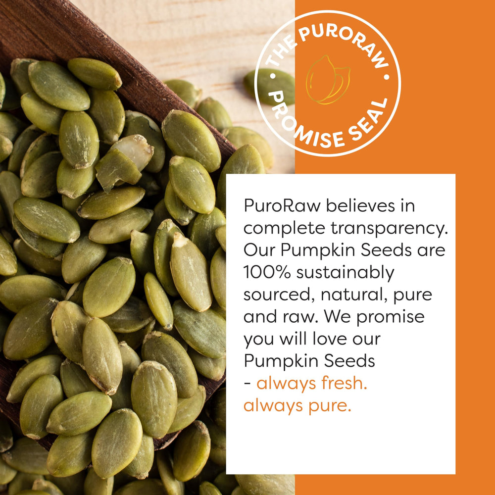 PuroRaw pepitas close-up showing raw, unsalted quality and crunch