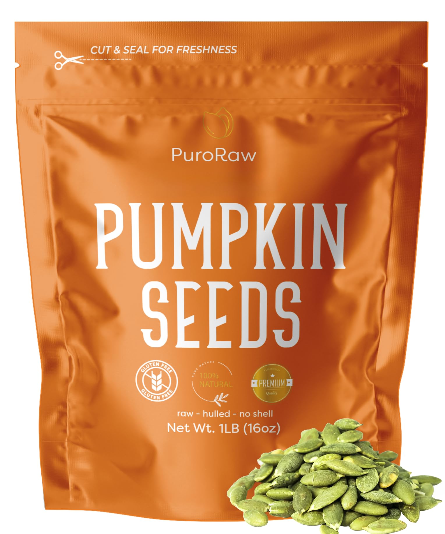 PuroRaw pumpkin seeds in a resealable pouch for fresh snacking