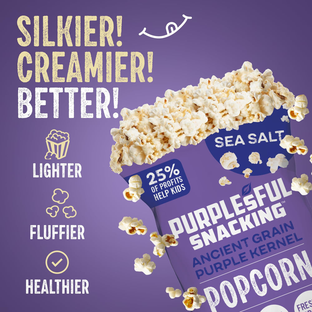 Purplesful sea-salt popcorn snack emphasizes clean, crave-worthy flavor.