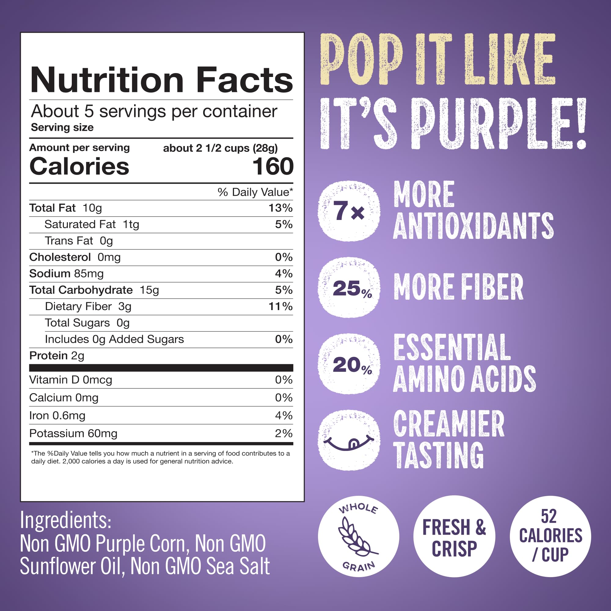 Purplesful silky-texture popcorn close-up highlights melt-in-your-mouth crunch.