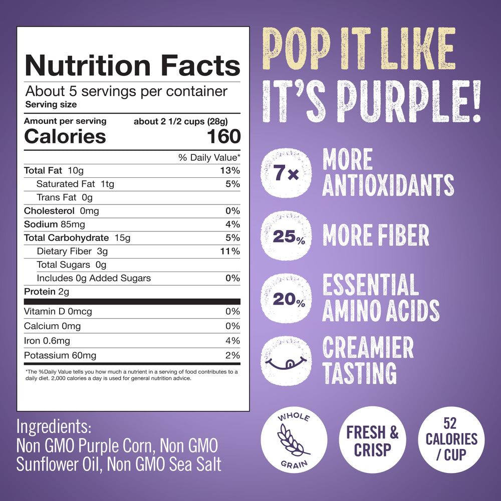 Purplesful silky-texture popcorn close-up highlights melt-in-your-mouth crunch.