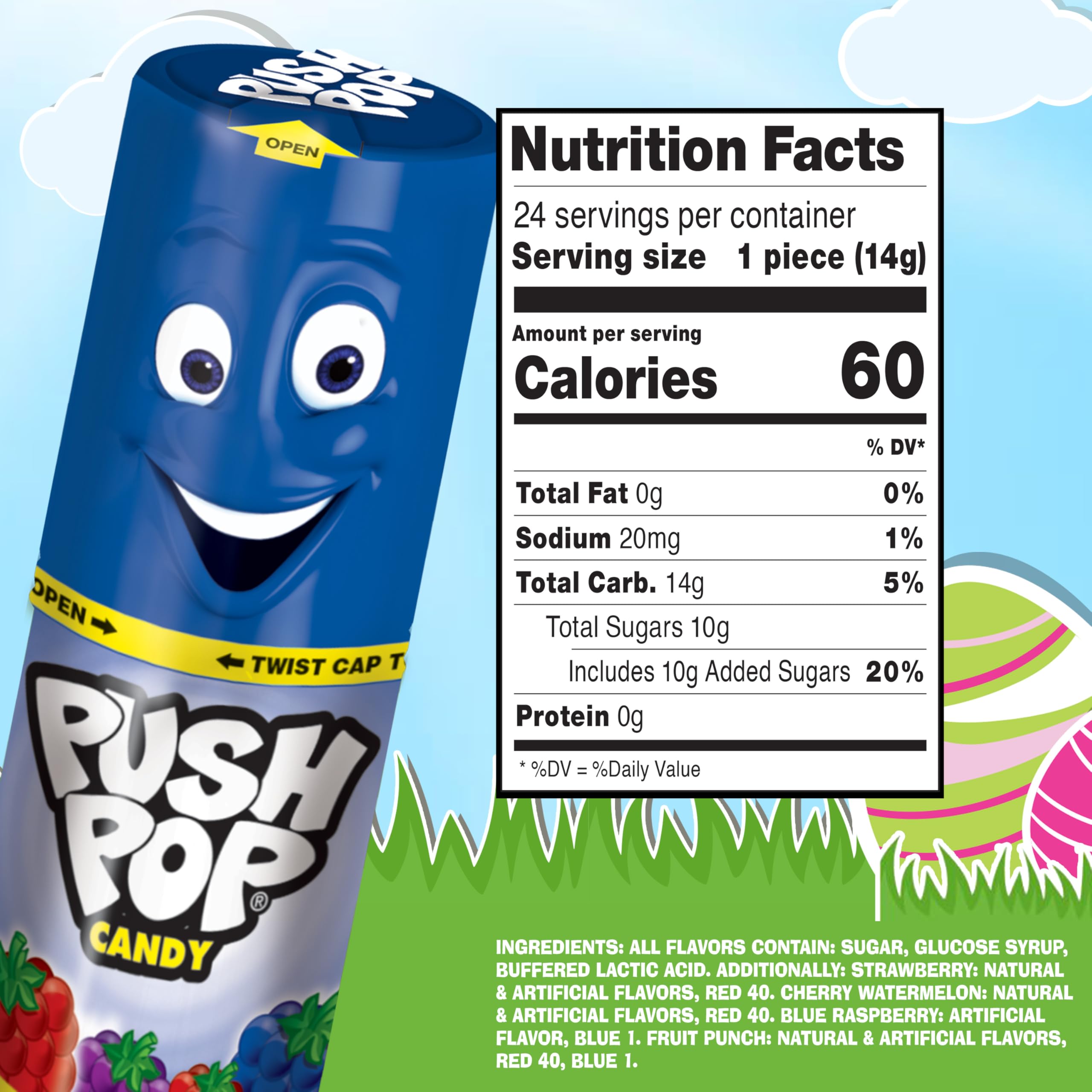 Push Pop flavor assortment display showing four fruity flavors for collecting.