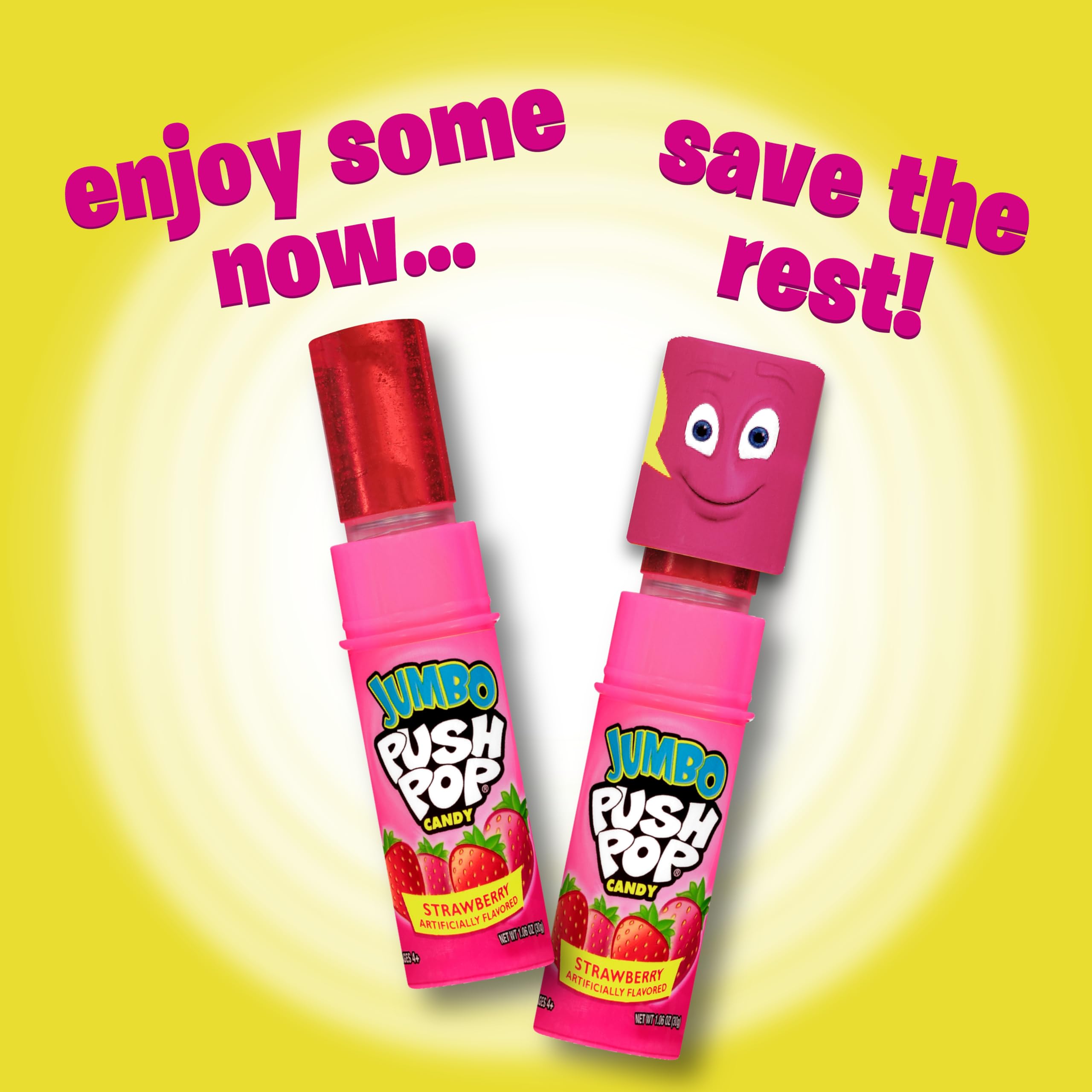 Push Pop Jumbo assortment box highlights four fruity flavors.