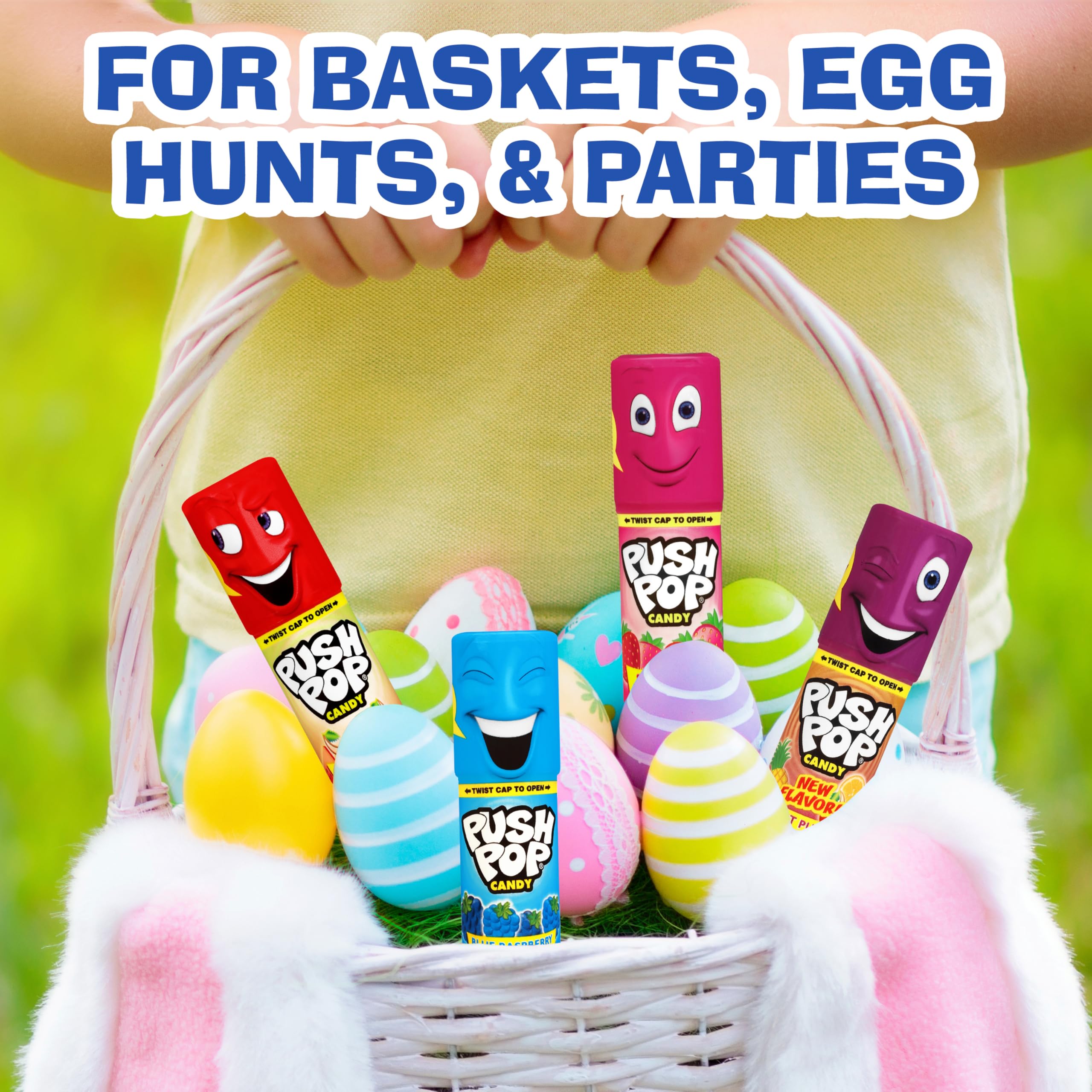 Push Pop blue raspberry lollipop refreshing flavor for Easter baskets.