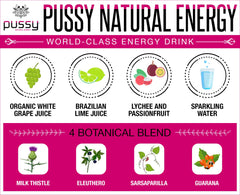 Pussy Natural Energy ingredients board shows grape and lime