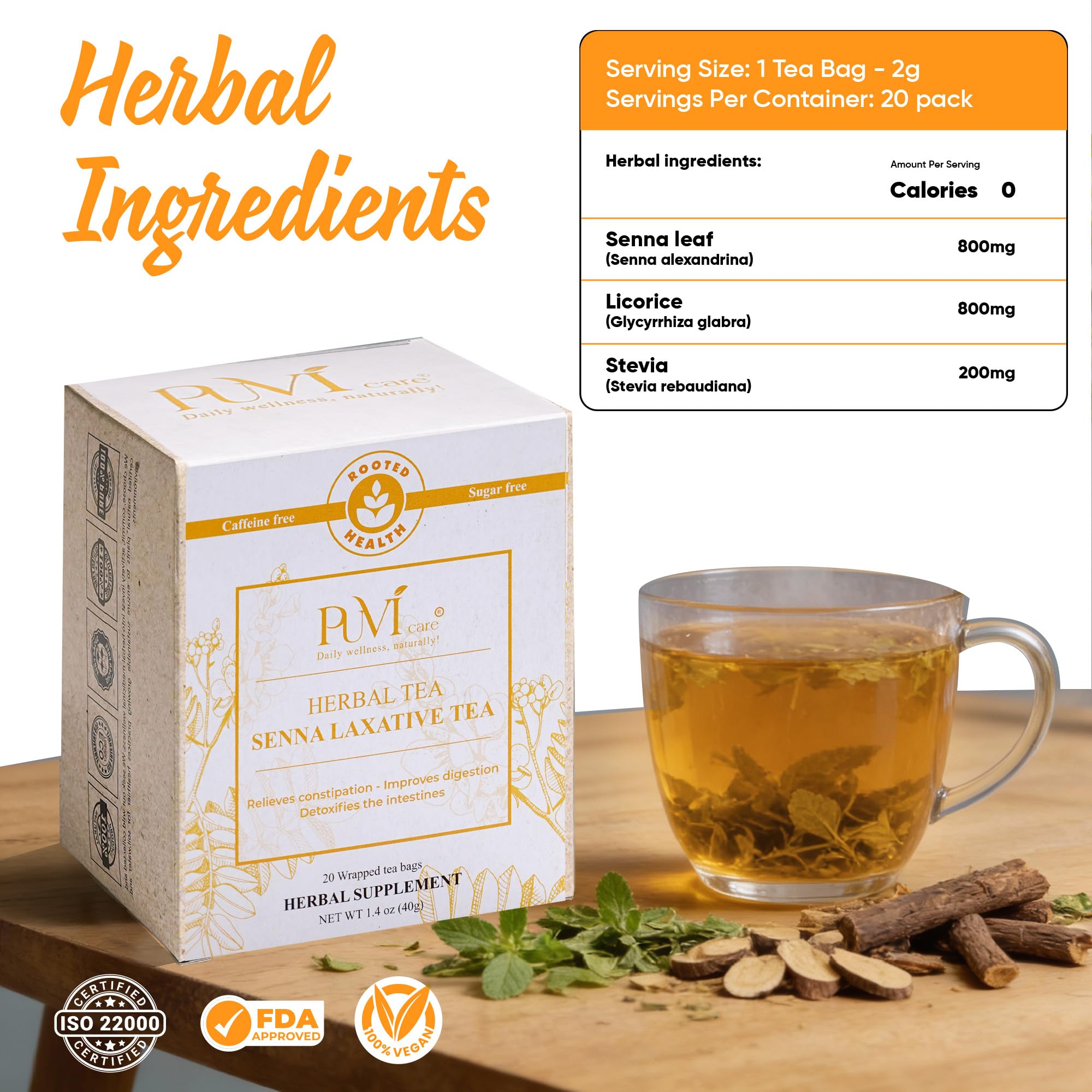 PUVI Care Senna Tea bags close-up highlighting organic herbal blend for digestion