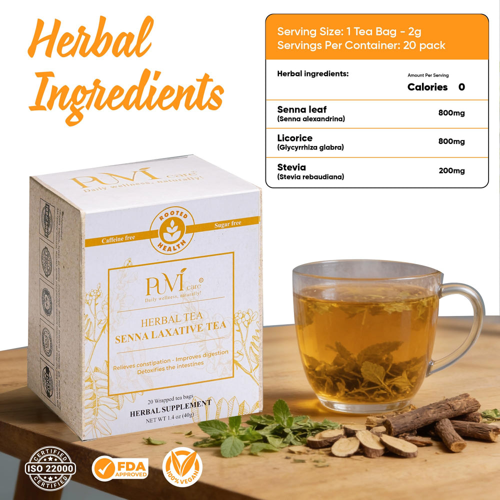 PUVI Care Senna Tea bags close-up highlighting organic herbal blend for digestion
