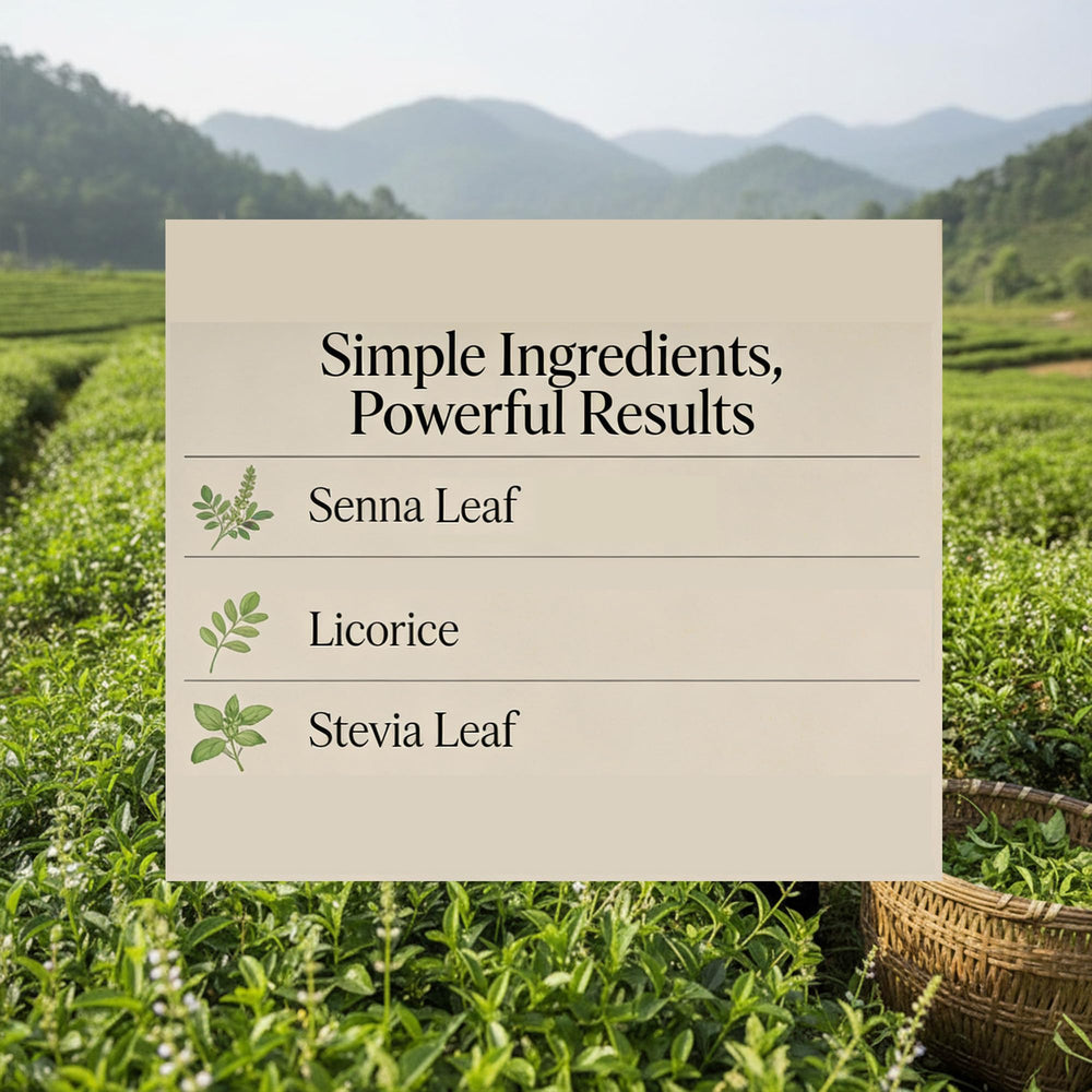 PUVI Care Senna Tea packaging flatlay, highlighting gentle constipation relief option