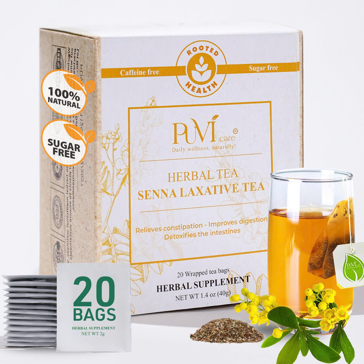 PUVI Care Smooth Move Tea bags on display for gentle relief from occasional constipation