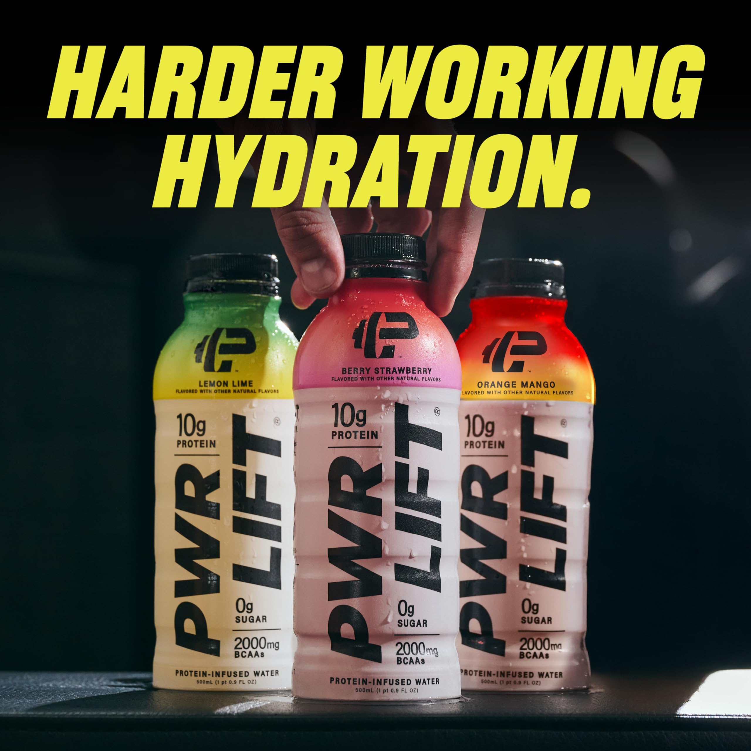 PWR LIFT packaging display featuring zero sugar, electrolytes.