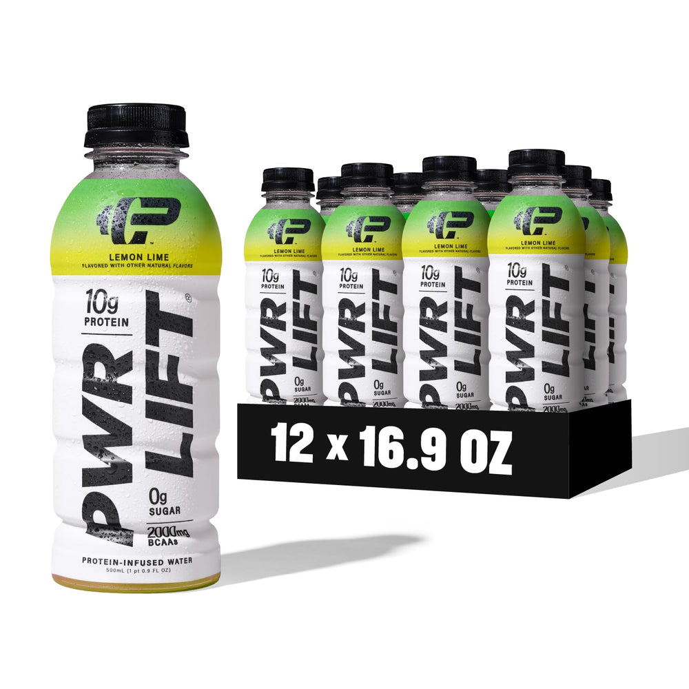 PWR LIFT lemon lime bottle showcases refreshing hydration with zero sugar and electrolytes.