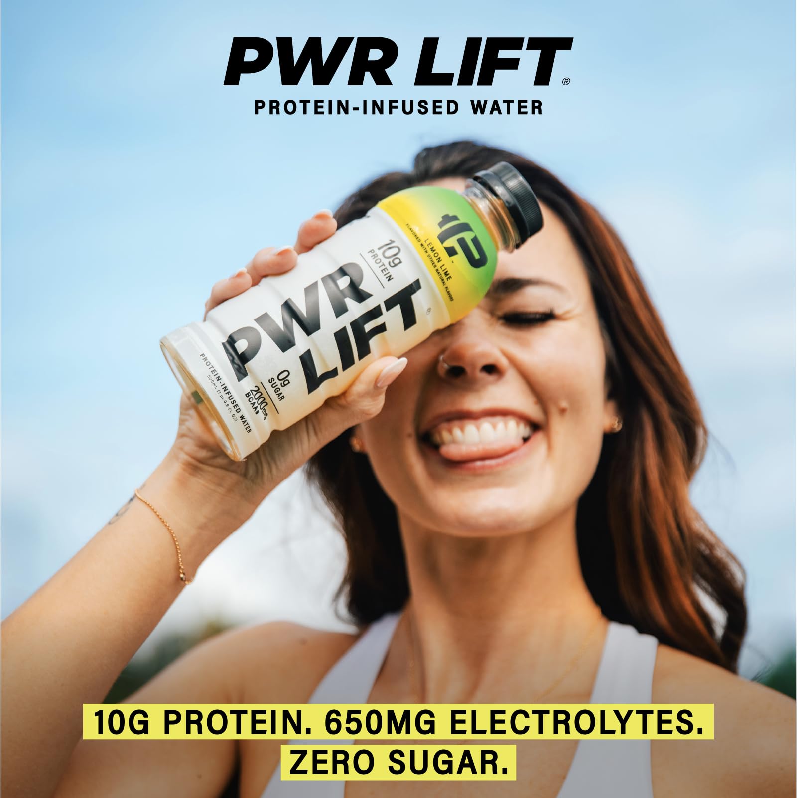 PWR LIFT lemon lime bubbles highlight electrolytes for workout hydration.