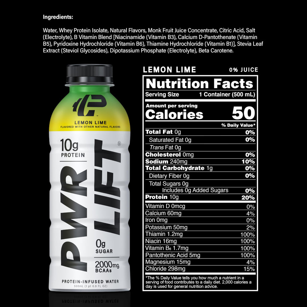 PWR LIFT lemon lime pour shows on-the-go protein in a hydrated drink.