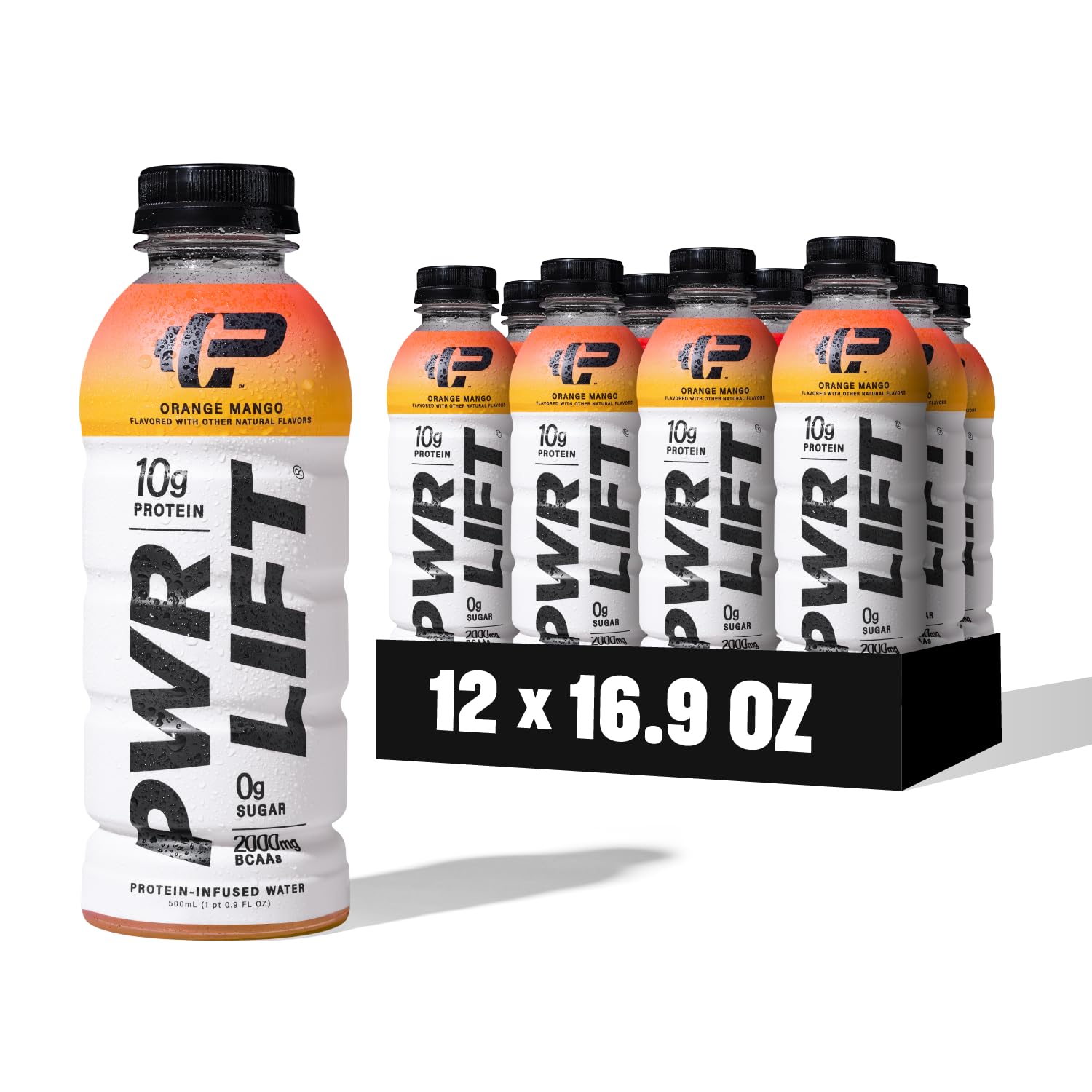 PWR LIFT orange mango whey water bottle highlighting refreshing flavor and protein support.