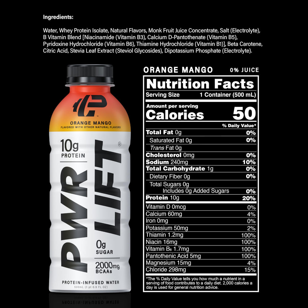 PWR LIFT orange mango whey water pour showing easy on-the-go protein hydration.